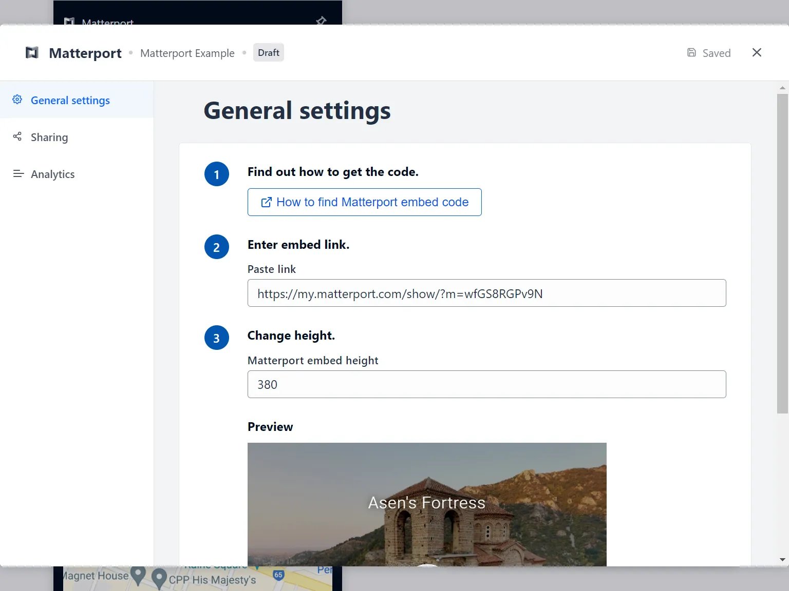 Matterport Card: step 2: Paste the link to the card