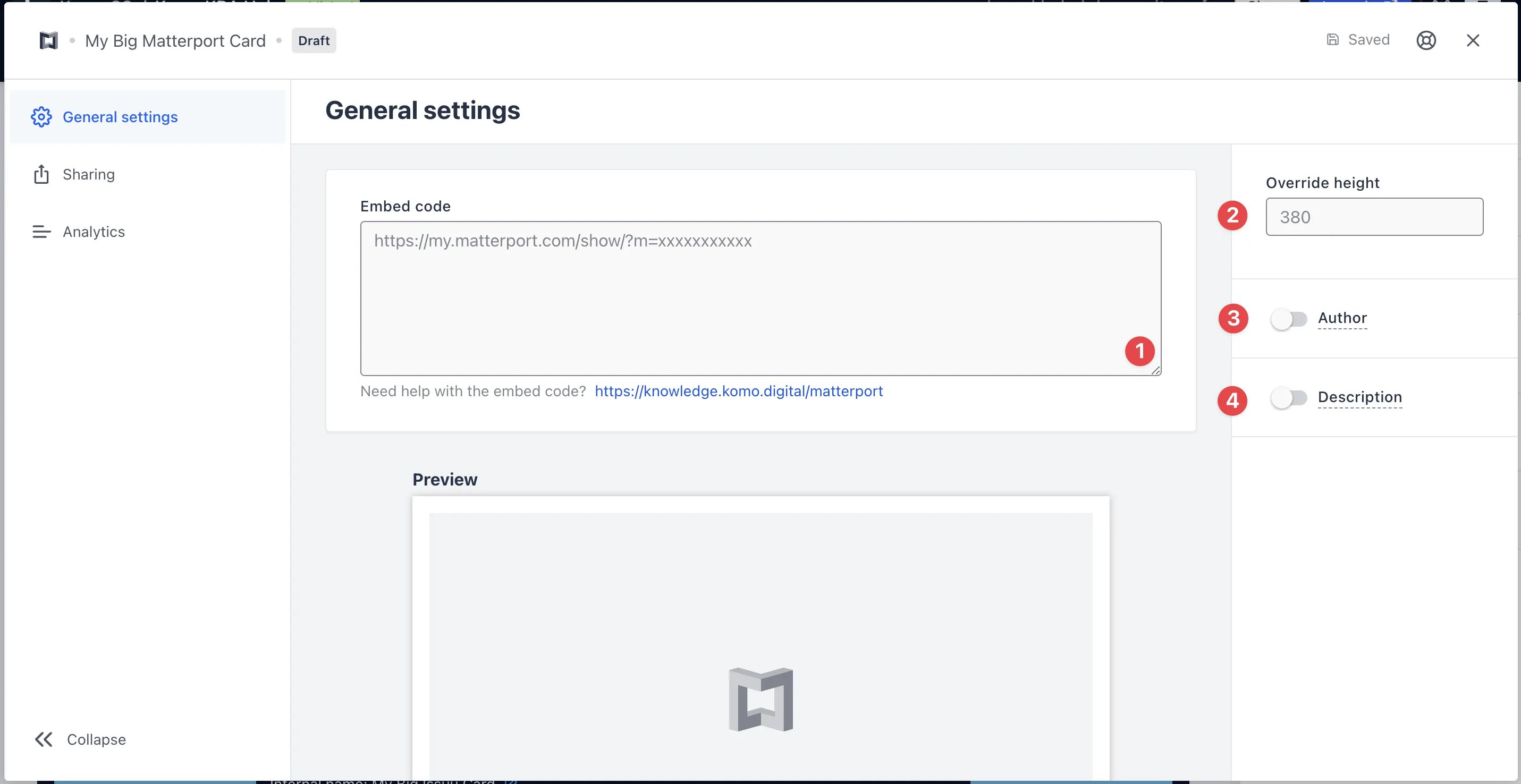 Matterport Card: step 2 — Step 2: Paste the link to the card