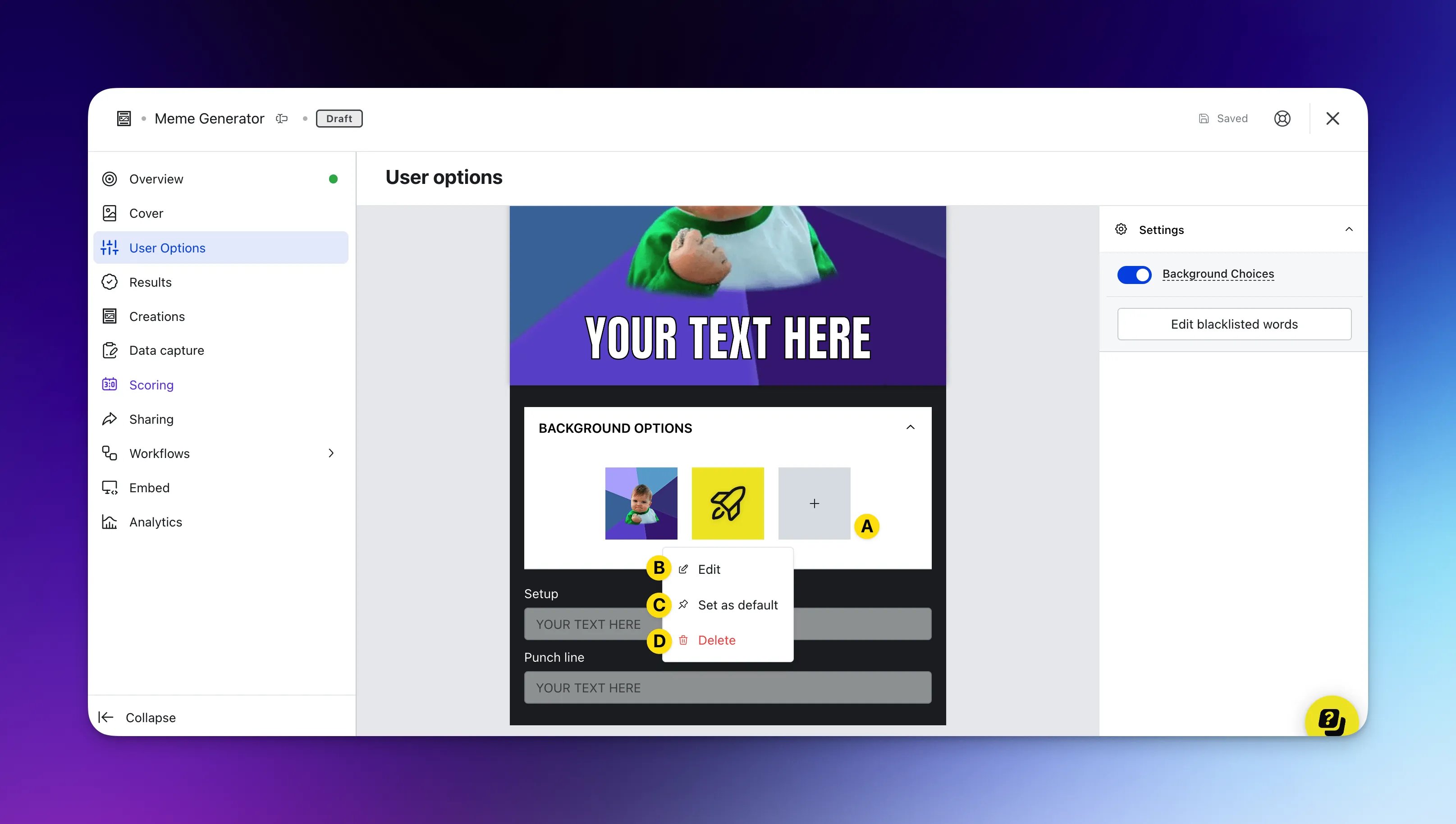Meme Generator: option a — Step 3: Set up your user options