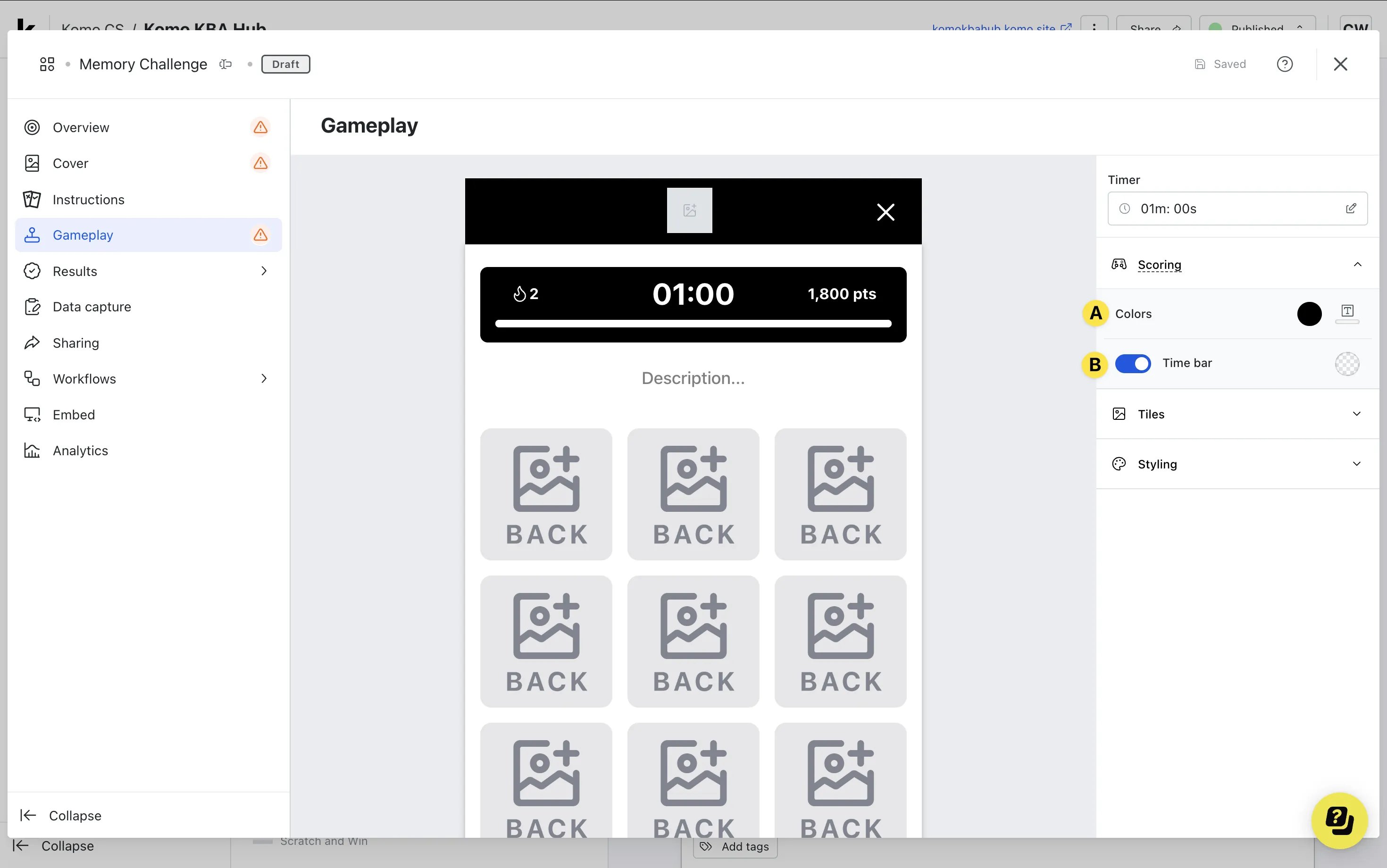Memory Challenge: option a — Step 4: Edit the Gameplay screen