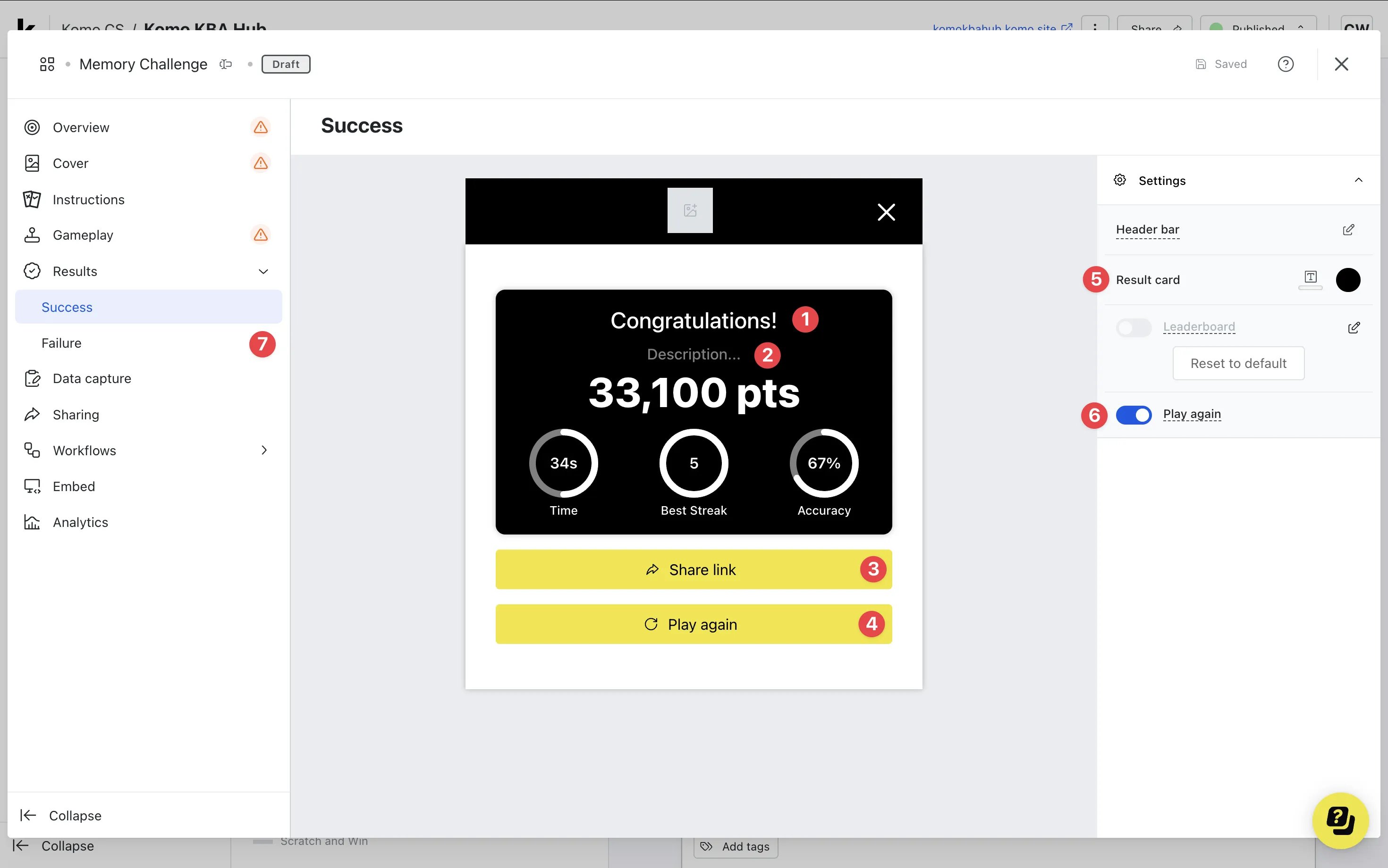 Memory Challenge: option c — Step 5: Edit your Result screens