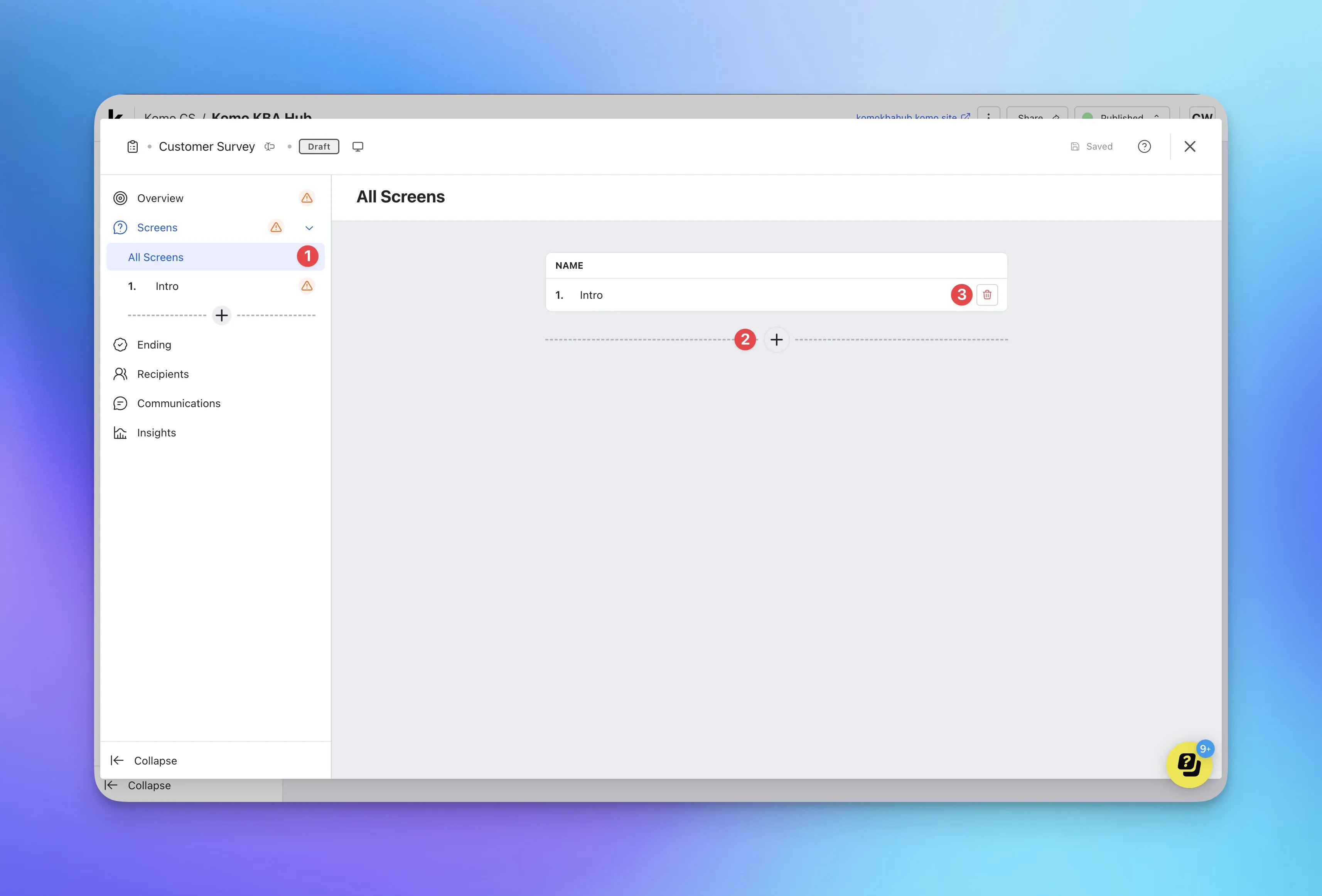 Surveys: step 2 — Step 2: Adding screens