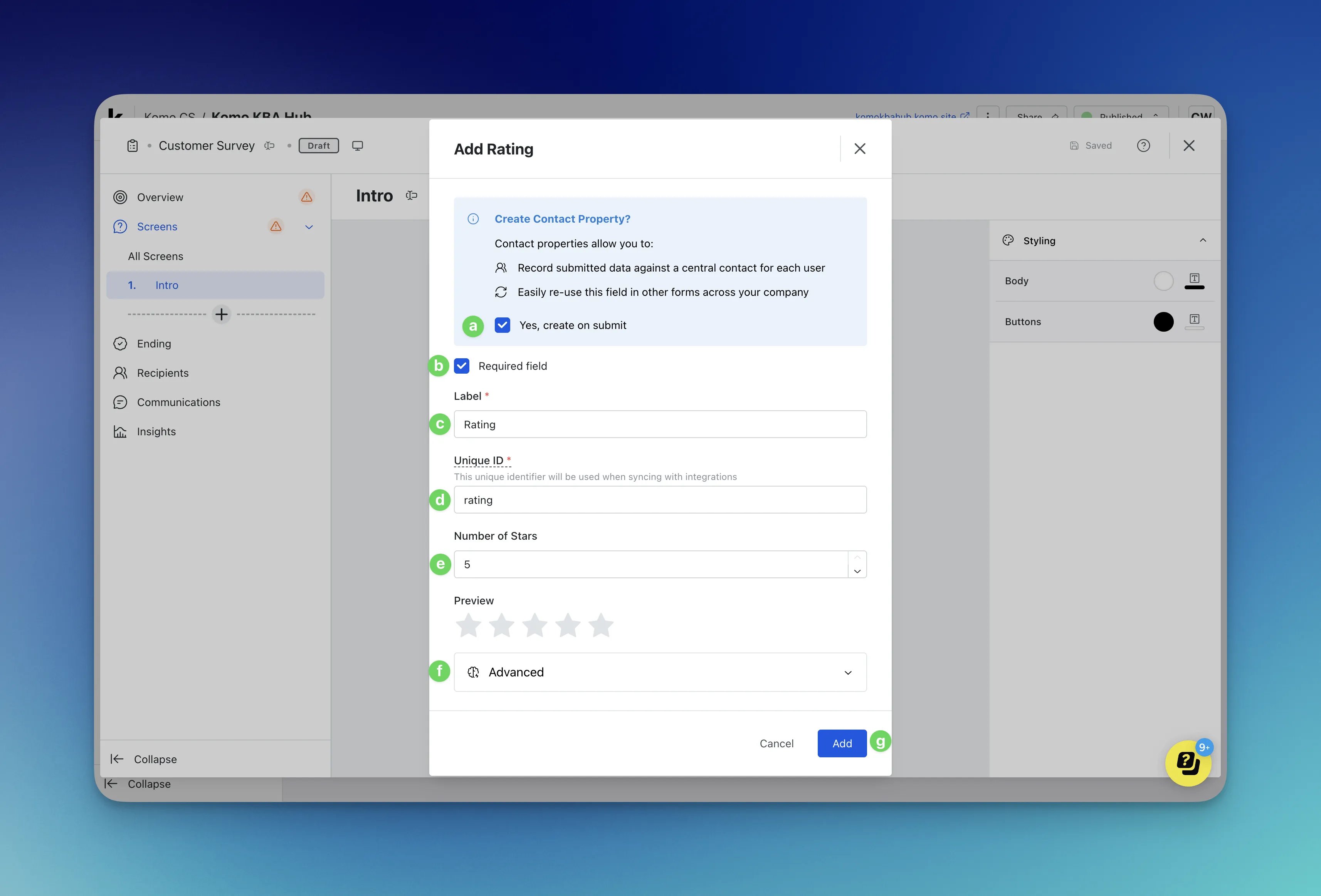 Surveys: option a — Step 3: Adding questions