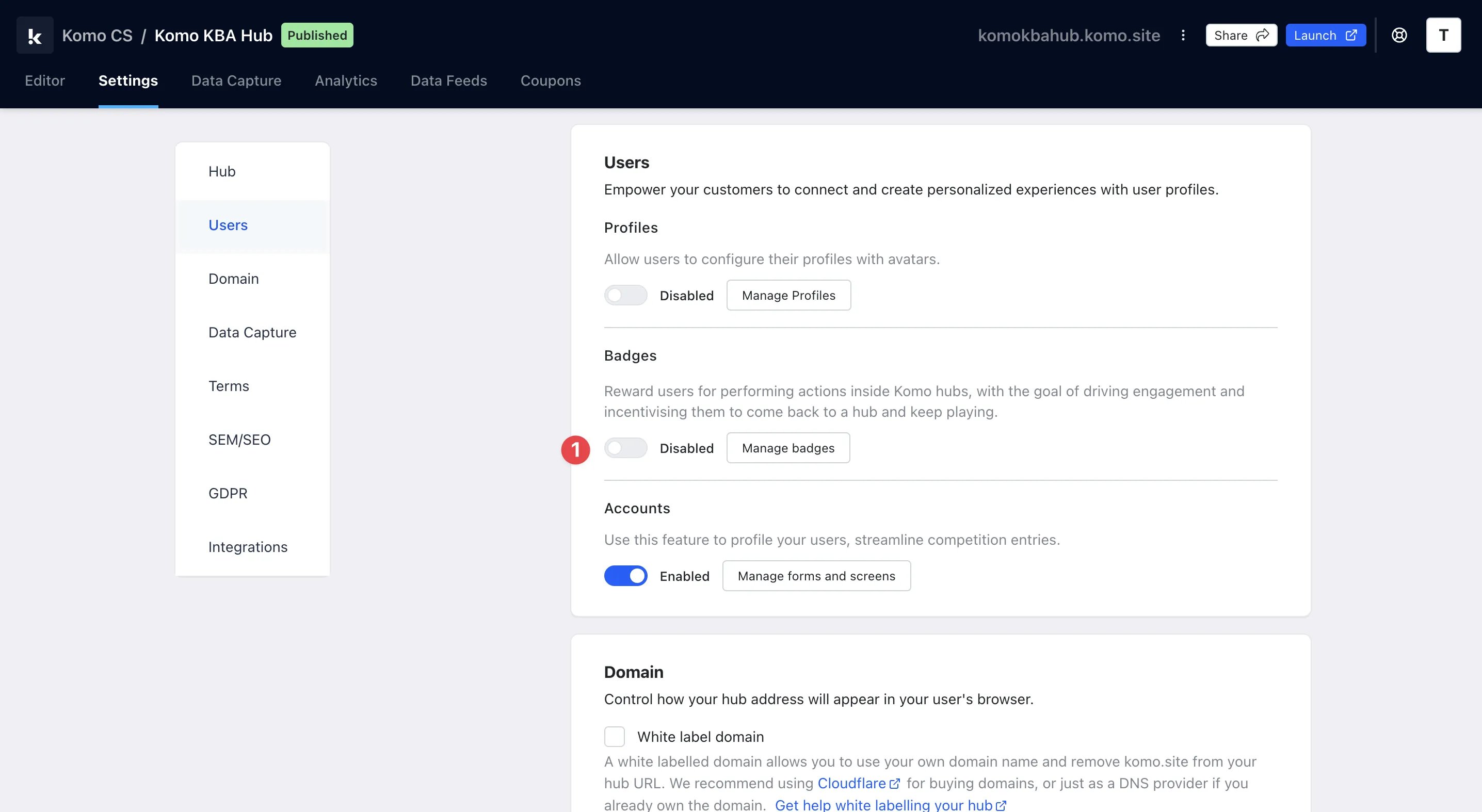 Badges and Workflows: step 2 — Step 2: Turn on Badges in Hub settings