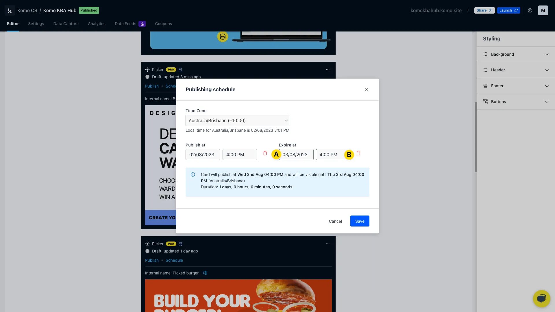 Card Scheduling: option a — Step 2: Set the dates and times