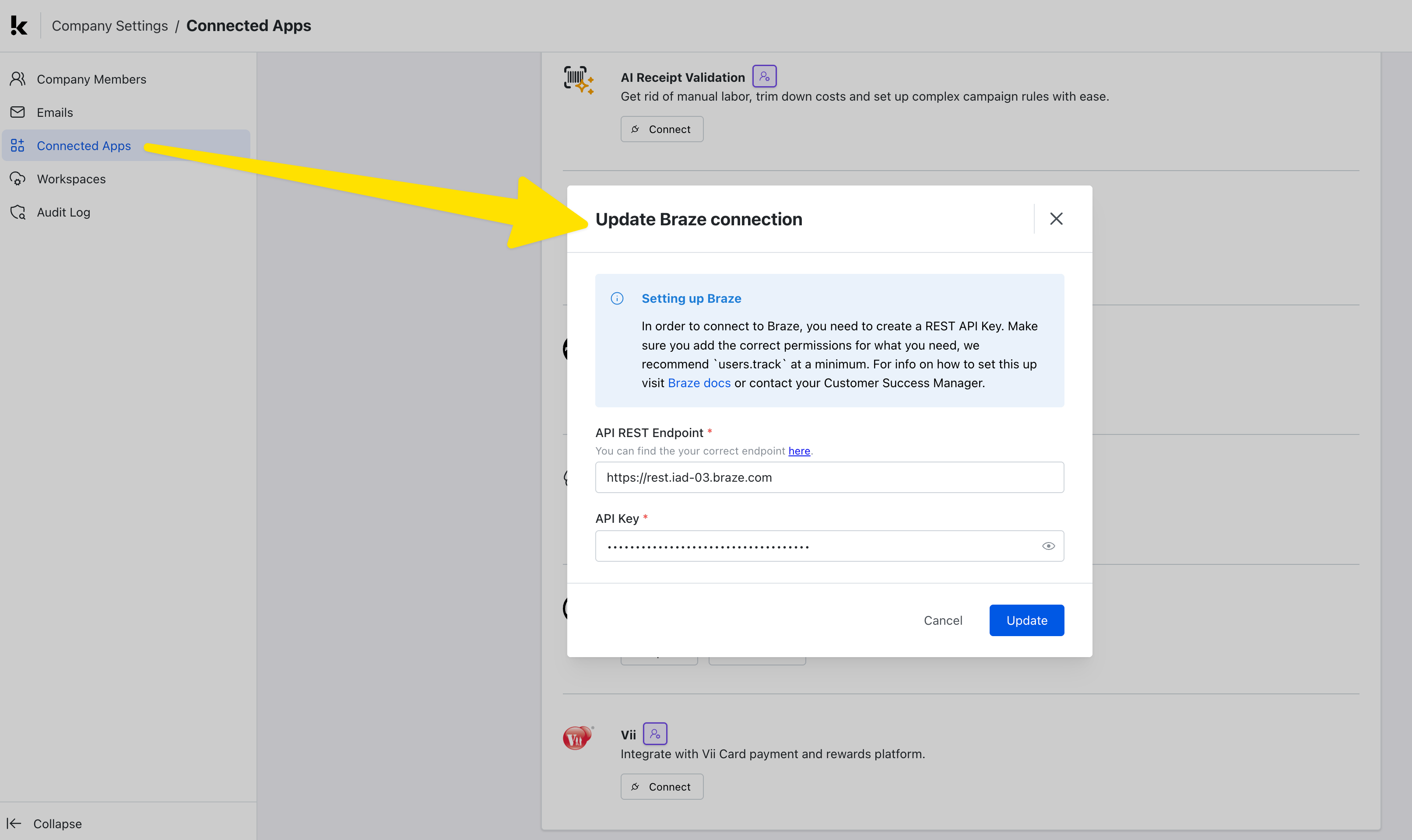 Braze integration: step 2b — enter your Braze REST API key and endpoint URL