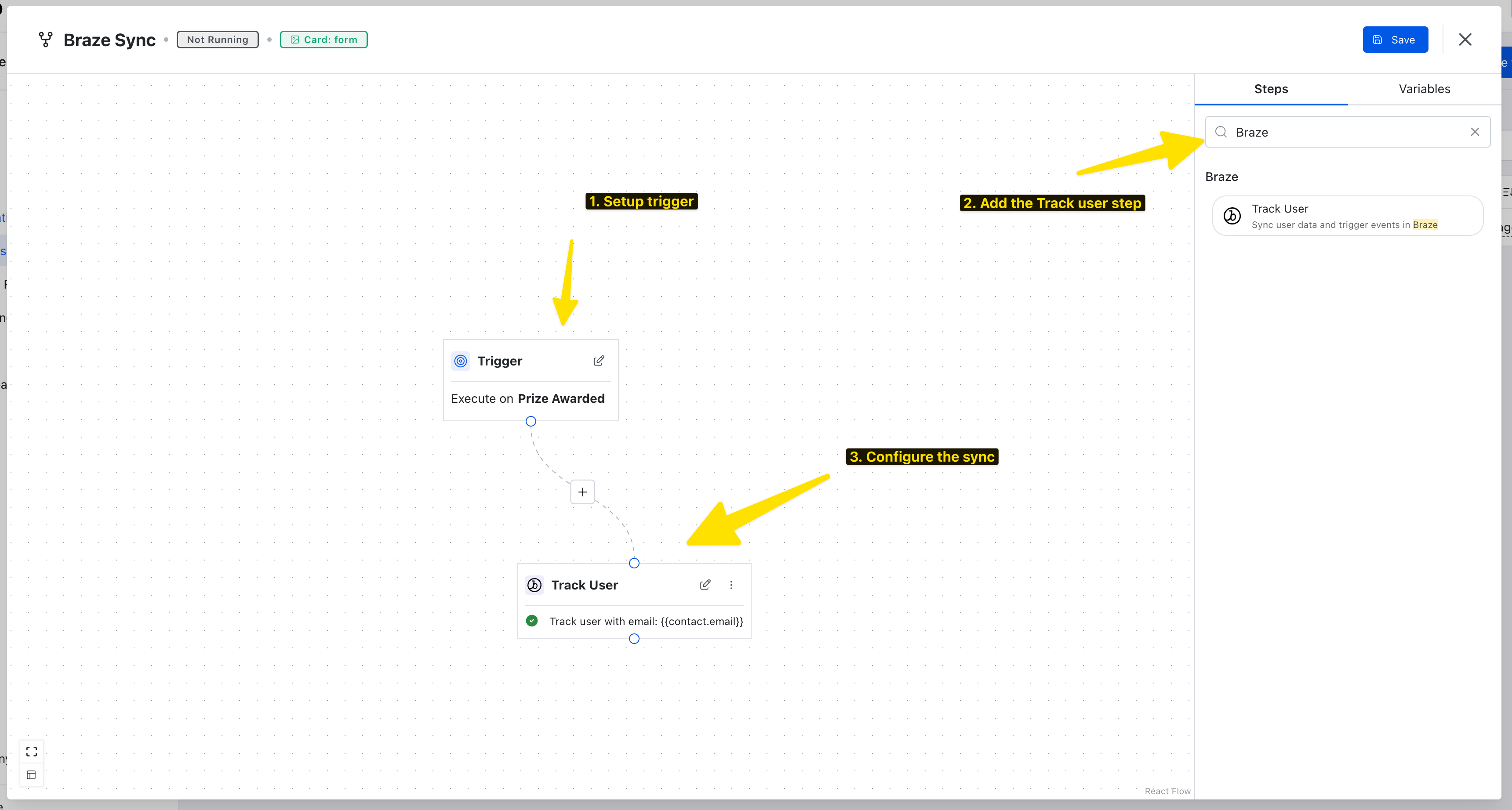 Braze integration: step 3a — add the Braze Track User step to your workflow