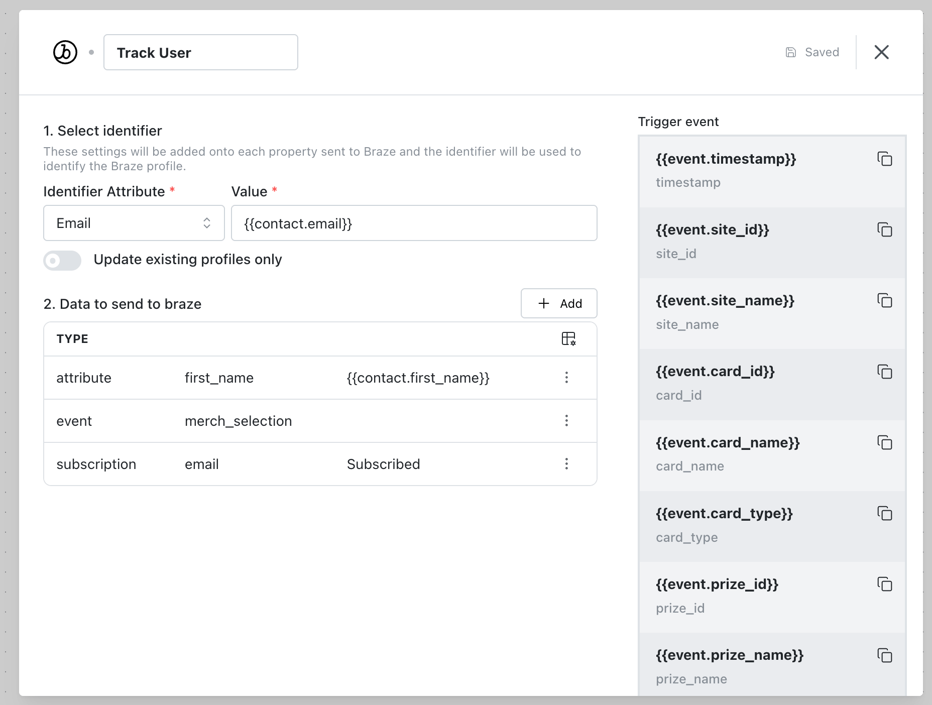 Braze integration: step 3b — configure the events, attributes, and subscriptions to sync to Braze