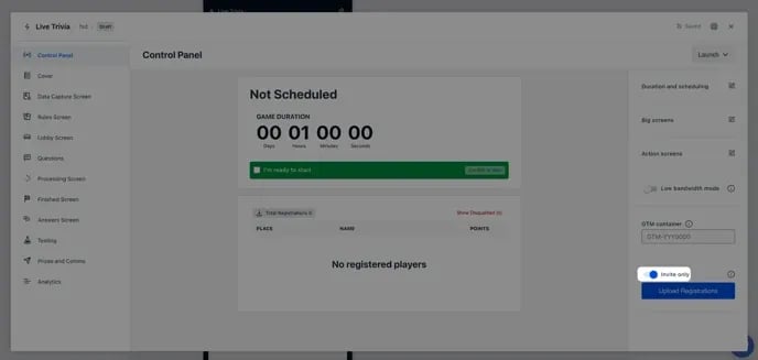 Invite Only Live Trivia Games: step 3 — Step 1: Toggle on the invite only feature