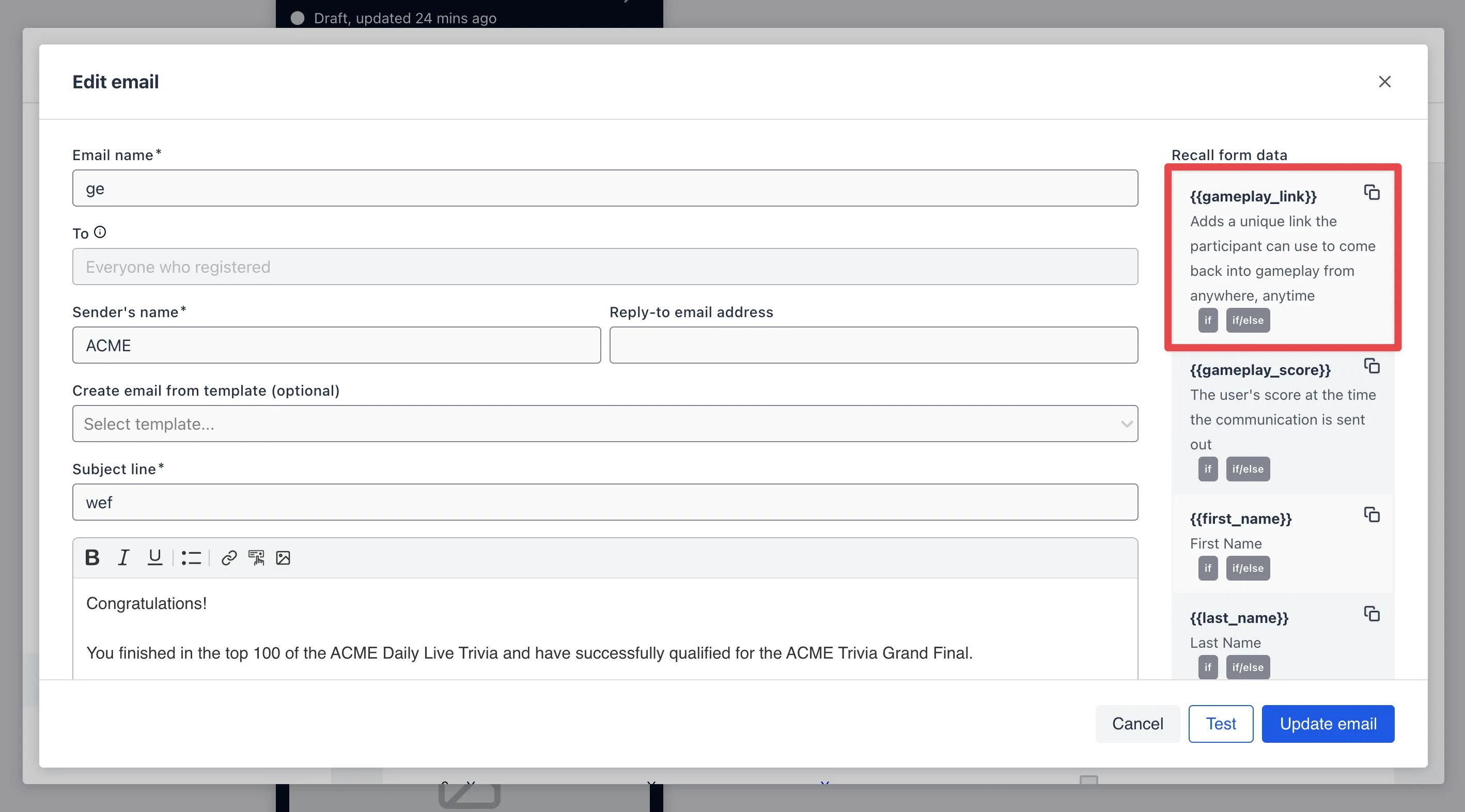 Invite Only Live Trivia Games: step 4: Inform your entrants they've been invited to the Live Trivia game