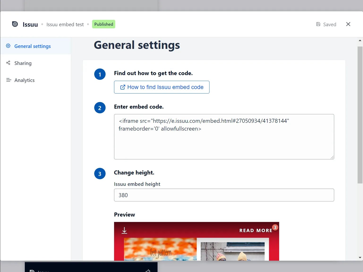 Issuu Card: step 2 — Step 2: Paste the embed code to the card