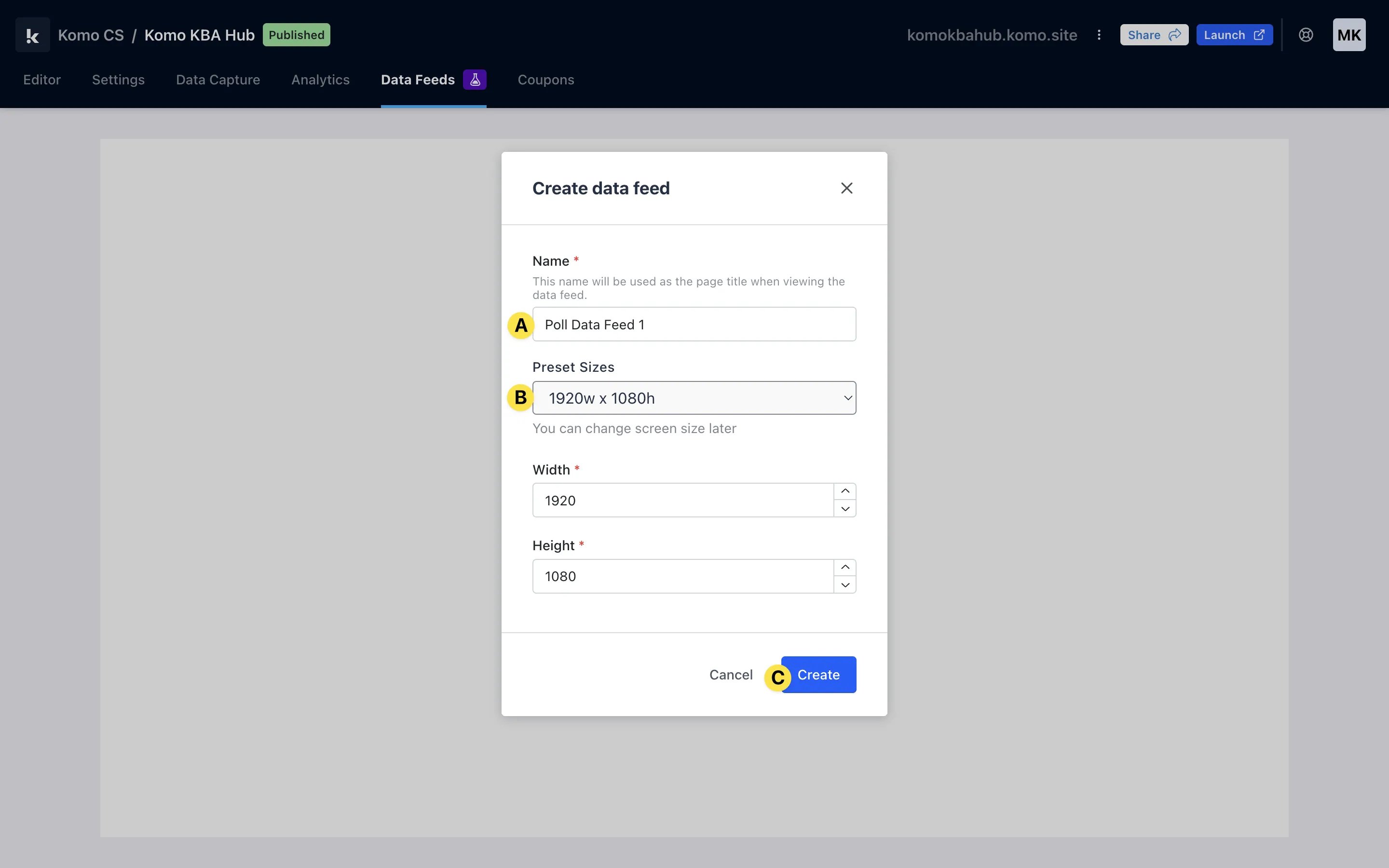 Live Data Feeds: option a — Step 1: Add a Live Data Feed to your Hub