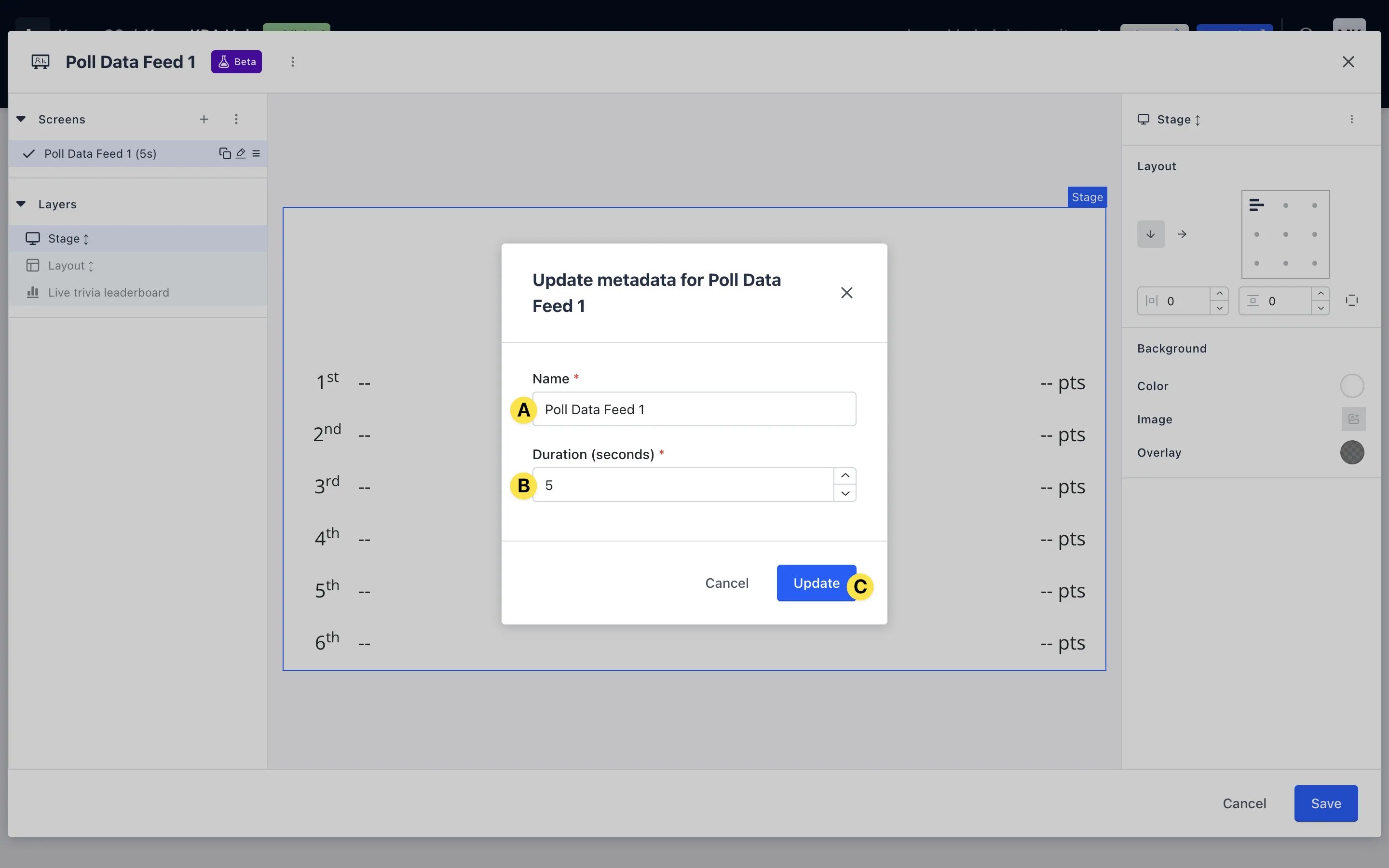 Live Data Feeds: option a — Step 8: Edit the metadata of your screens