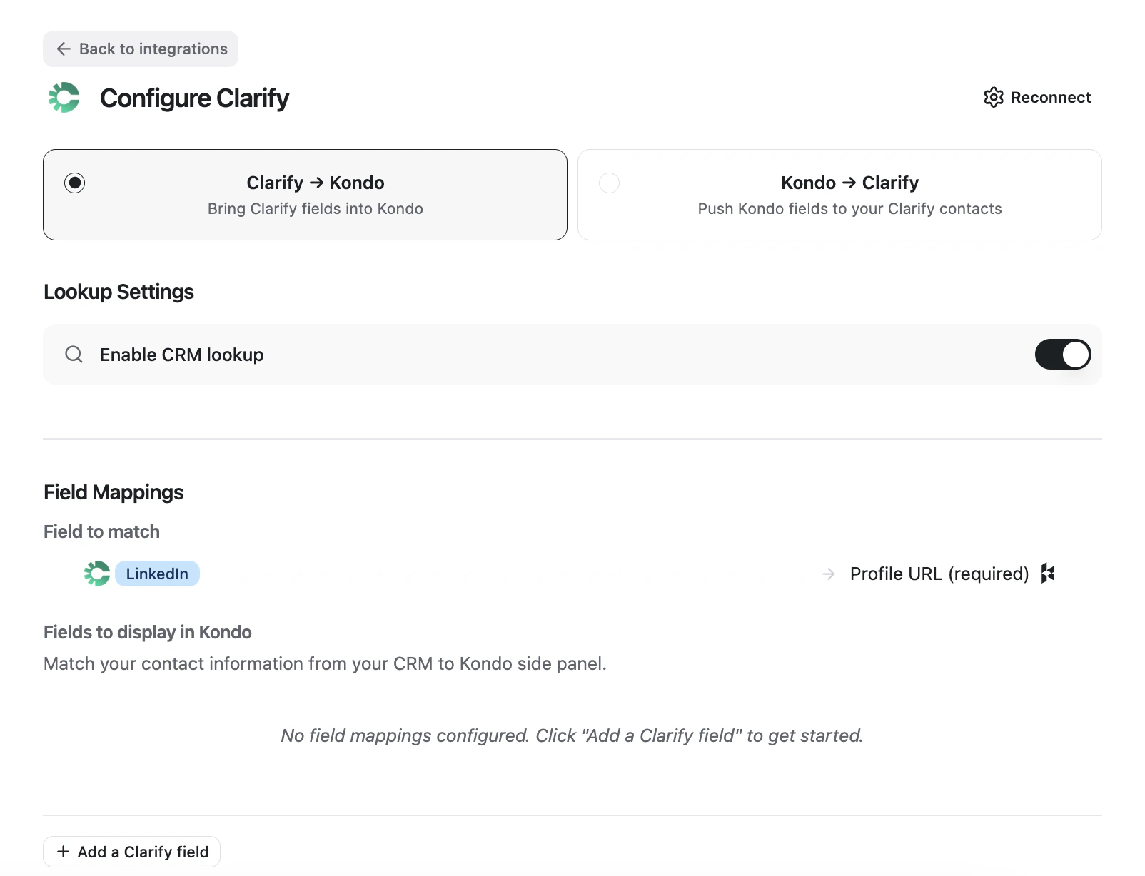 Configure Clarify Clarify to Kondo