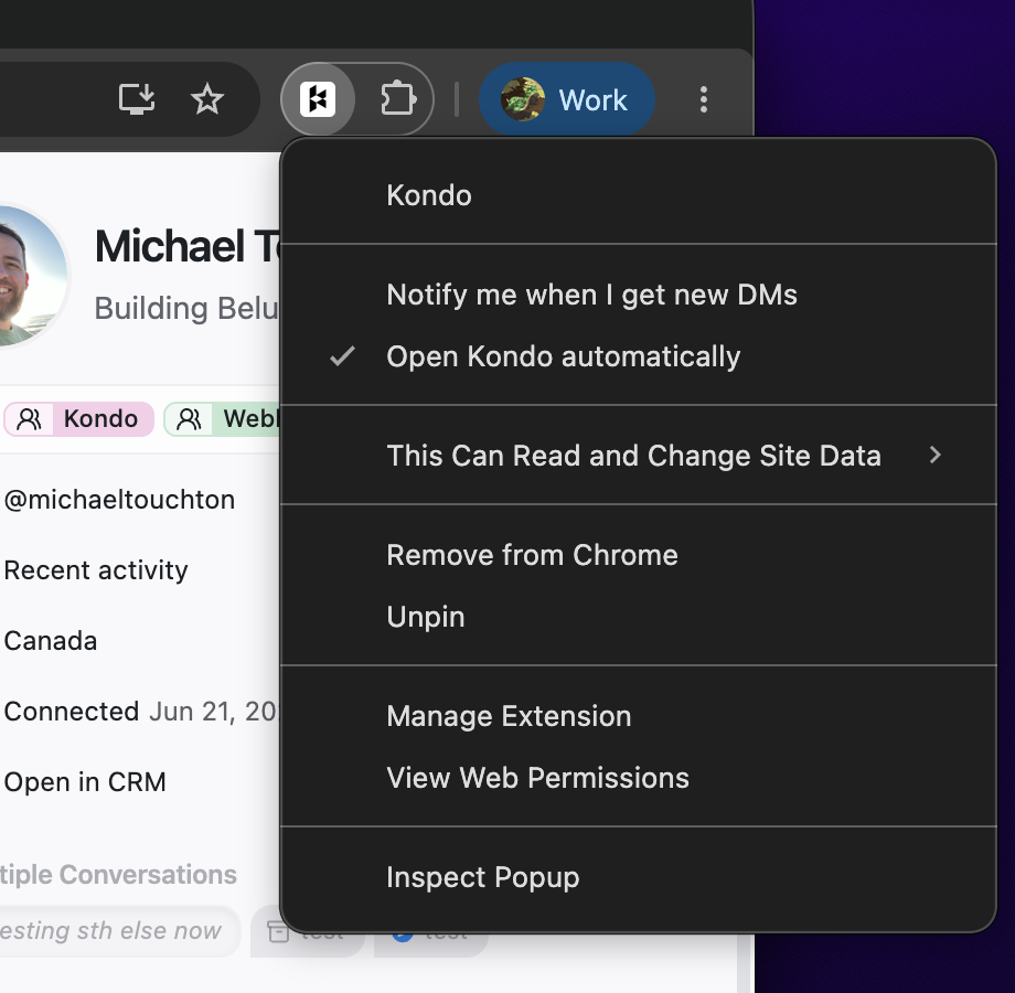 Kondo extension context menu with the Open Kondo automatically option