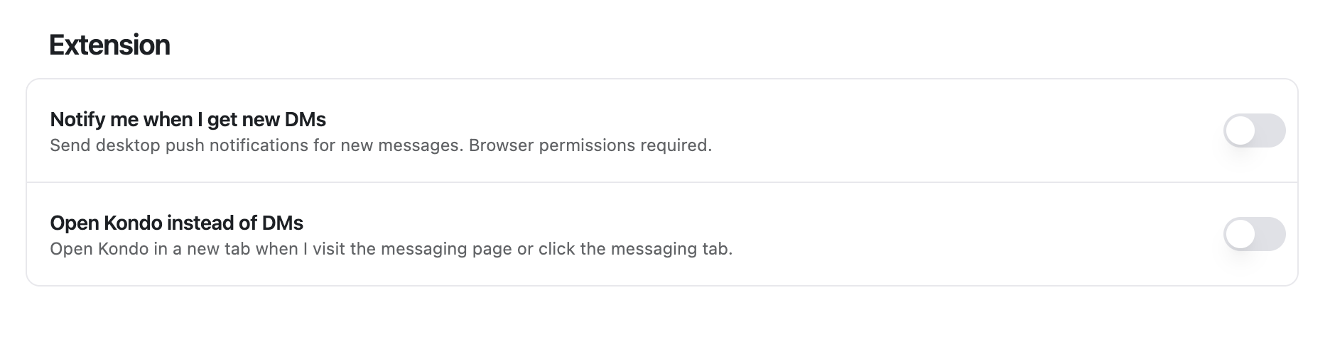 Extension section of Kondo preferences with the Open Kondo instead of DMs toggle