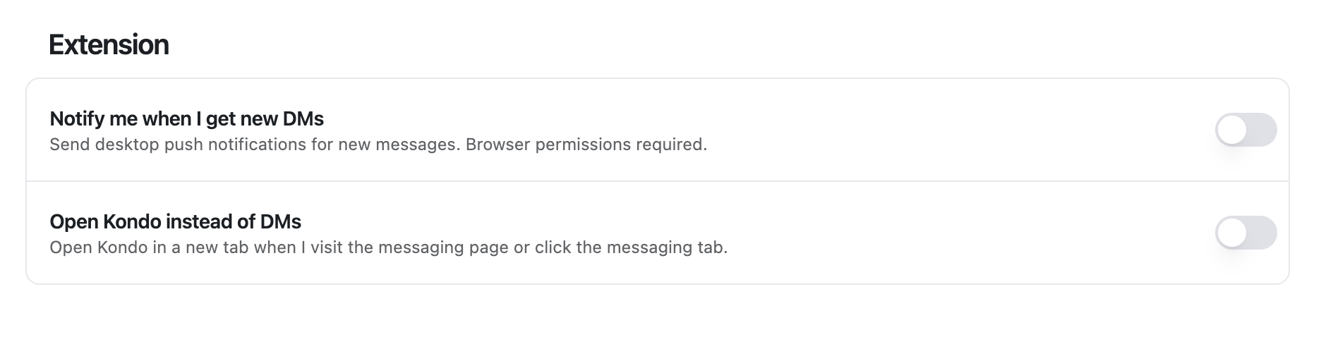 Extension section of Kondo preferences with the Open Kondo instead of DMs toggle