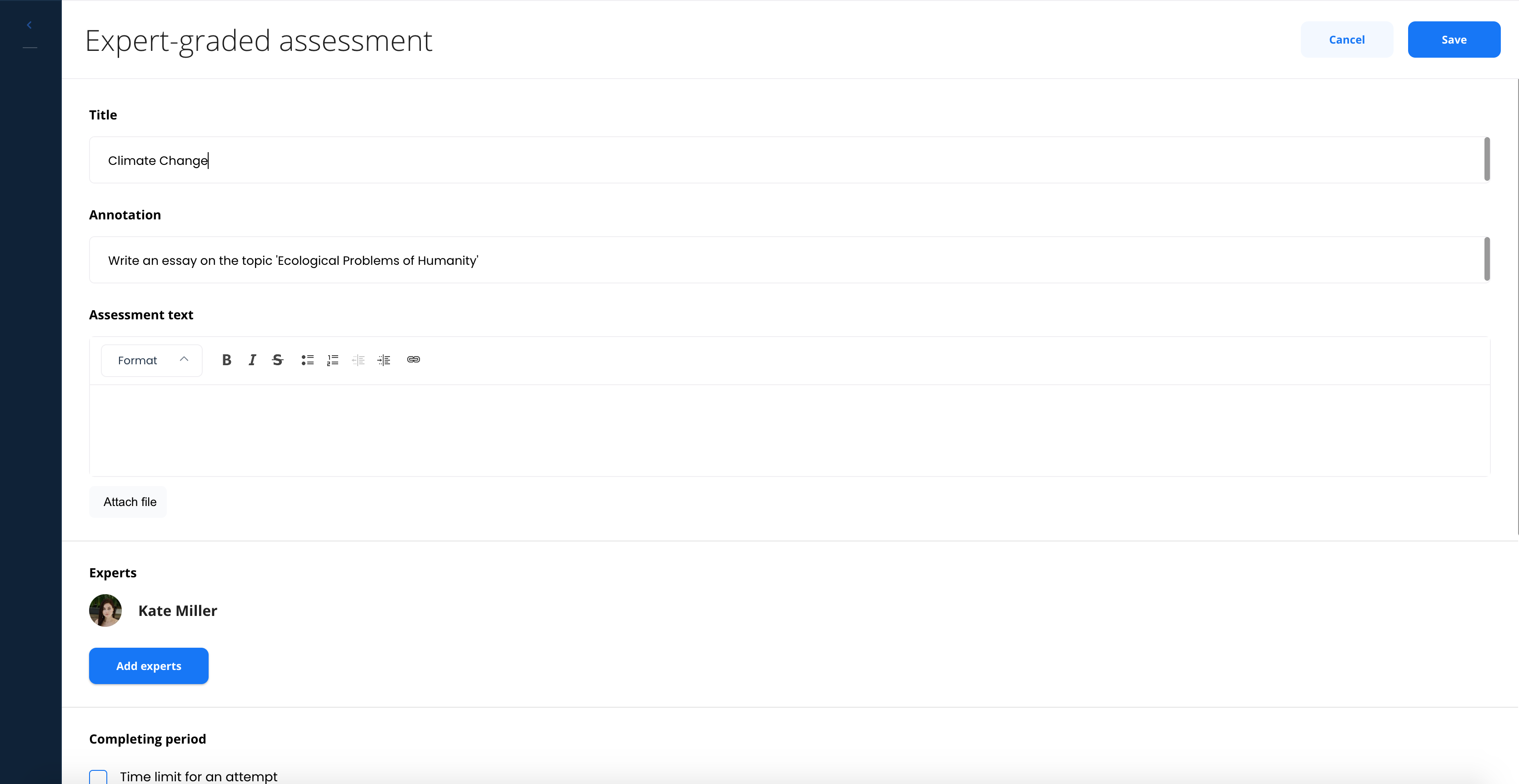 Expert-graded assessment settings