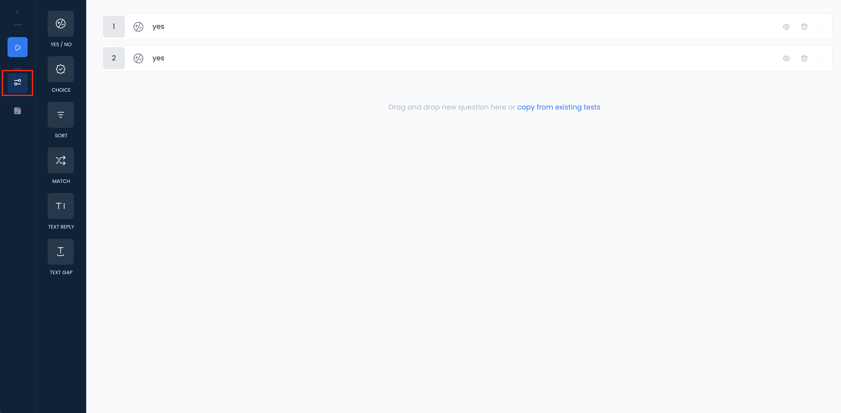 Test settings panel