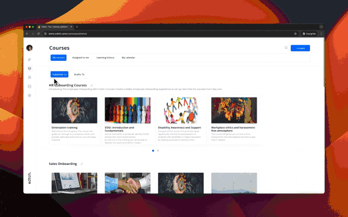Published and Draft courses view