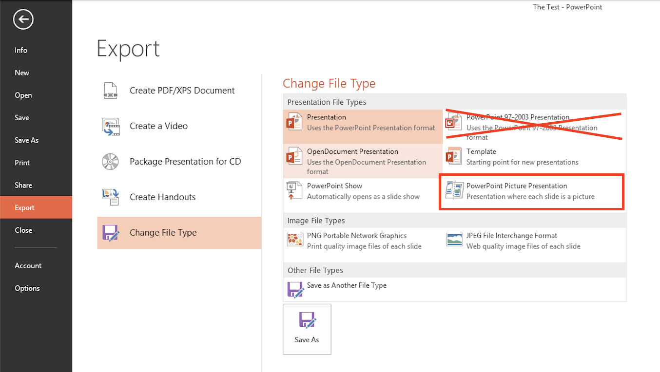 PowerPoint export options showing Picture Presentation format