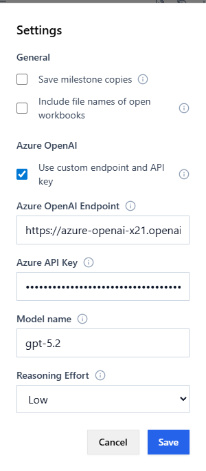 Azure OpenAI settings dialog