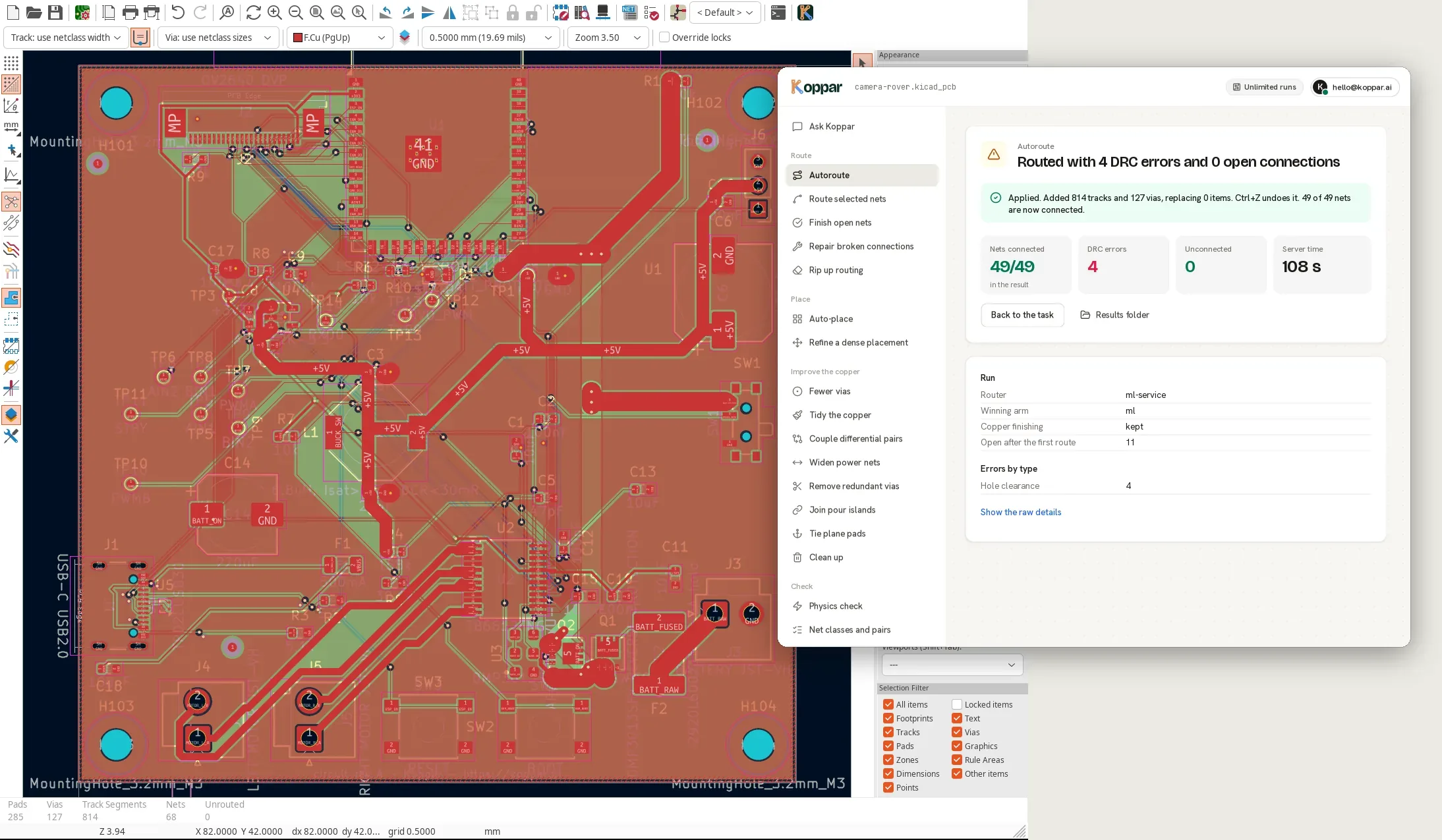 The Koppar window over KiCad's PCB editor, after Autoroute