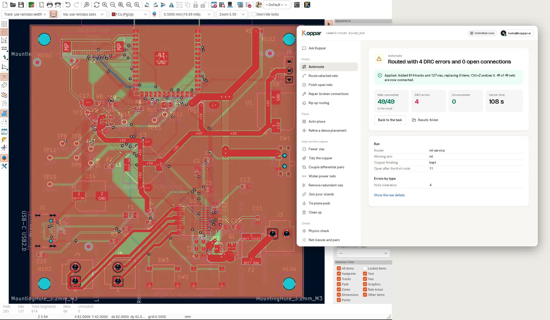 The Koppar window over KiCad's PCB editor, after Autoroute