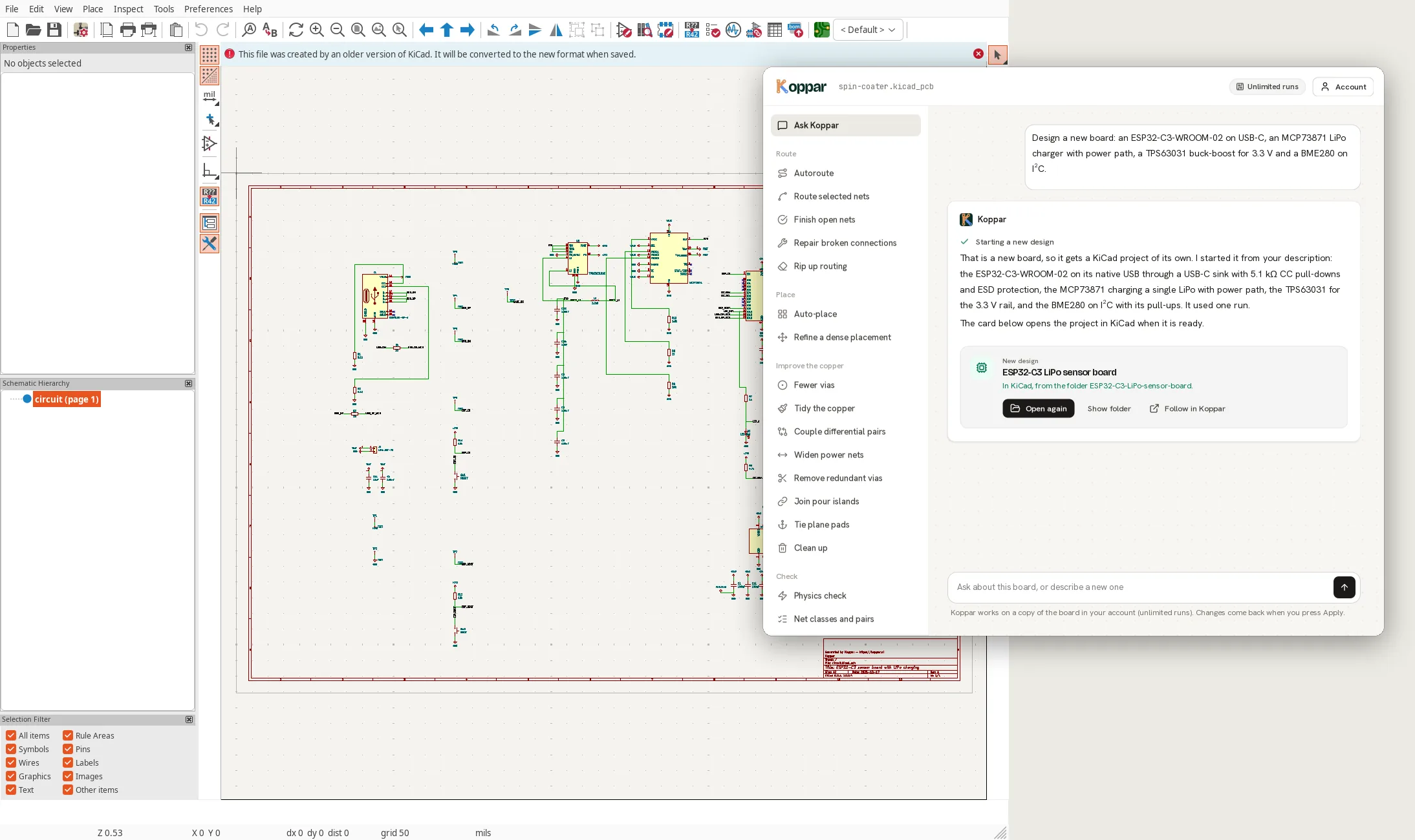 A new design opened in KiCad's schematic editor
