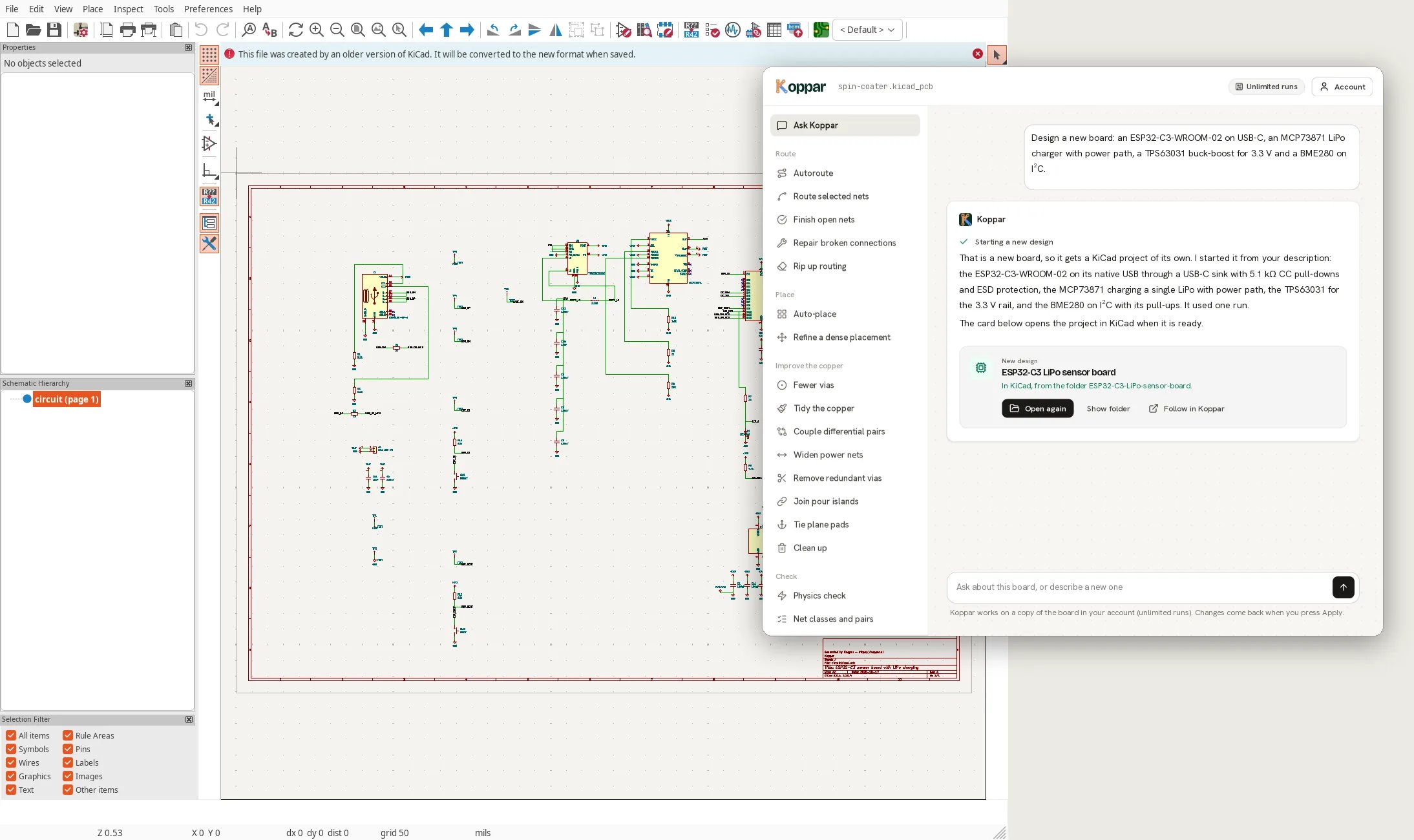 A new design opened in KiCad's schematic editor