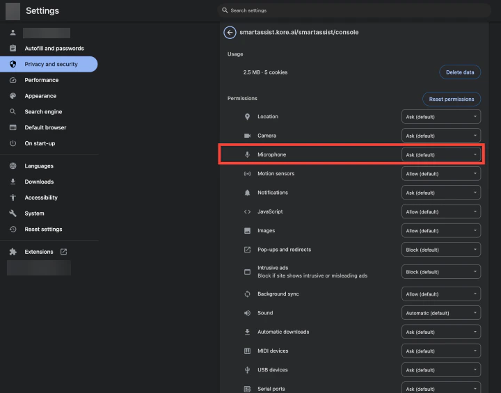 Device Permissions Page