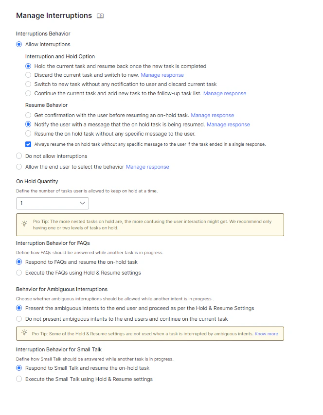 bot level settings manage interruptions