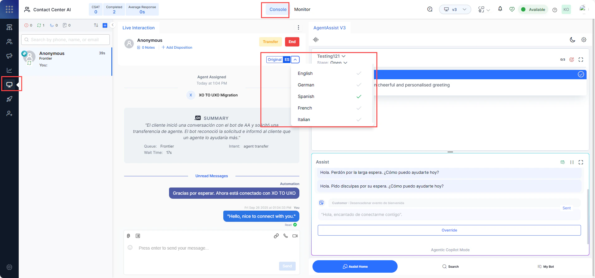 Console Language Selection