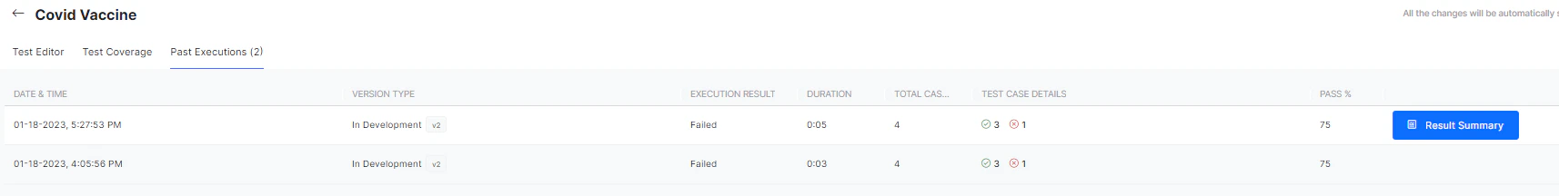 Past test executions