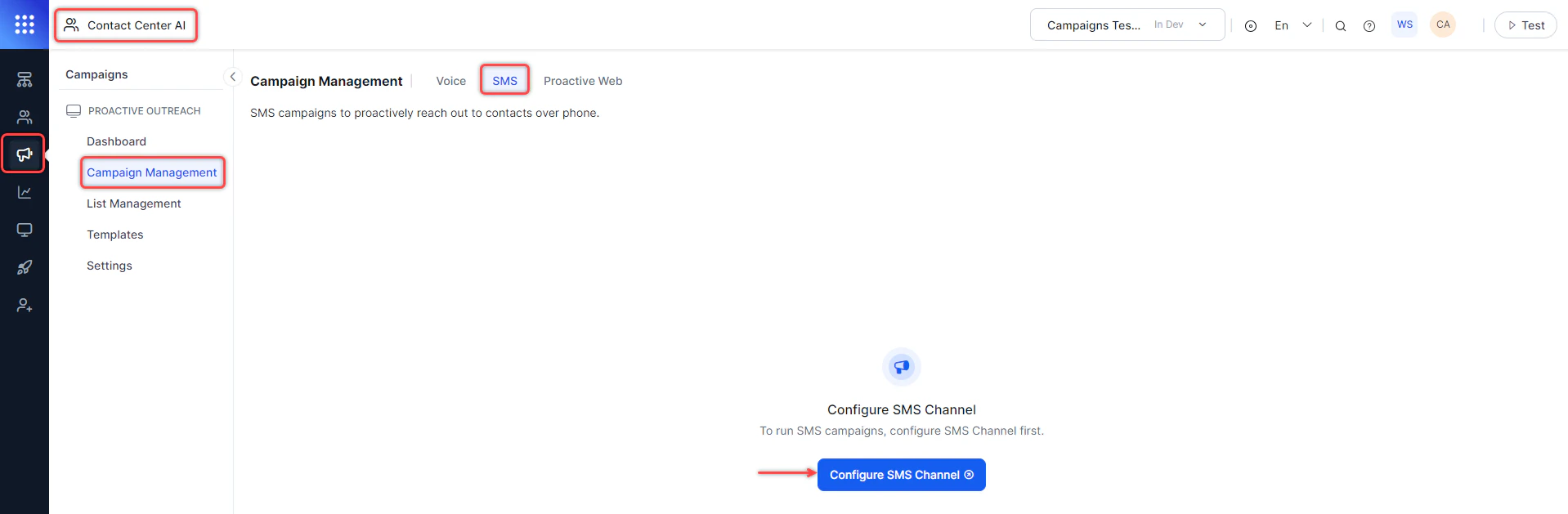 Configure SMS Channel Button