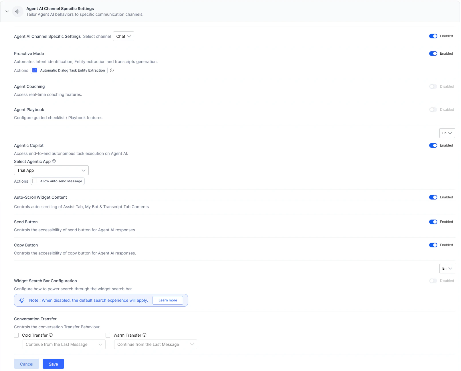 Agent AI Channel Specific Settings