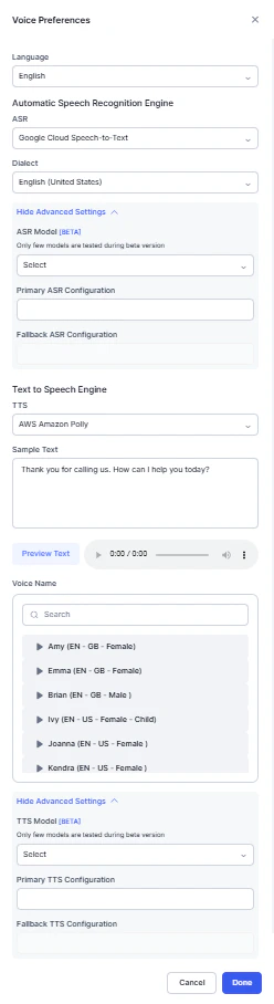 Voice Preferences Configuration