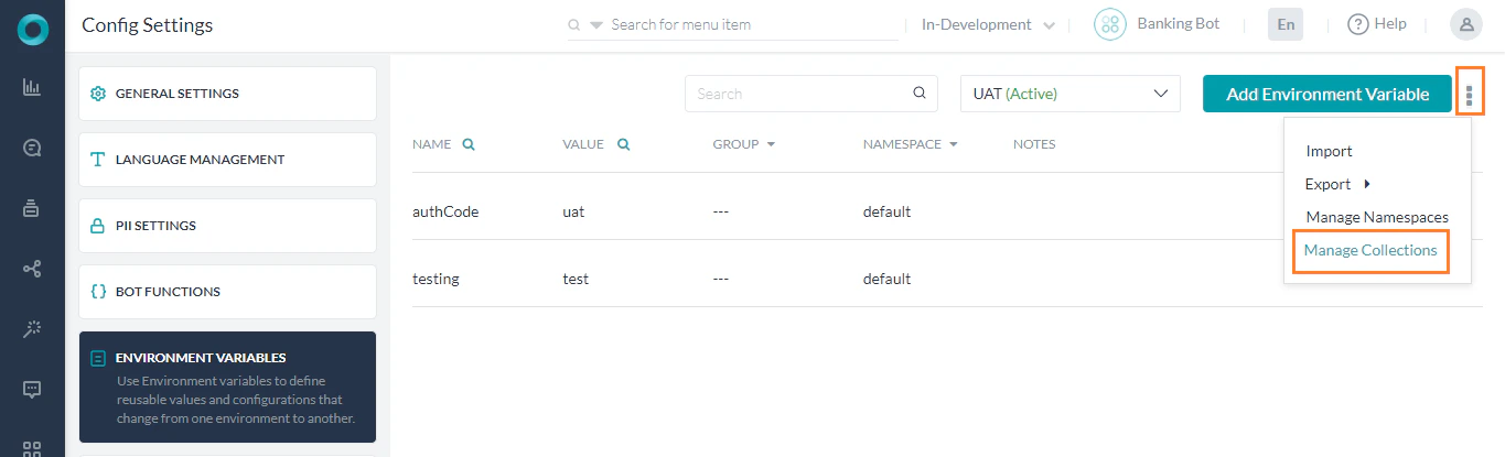 Environment Variables - Manage Collections