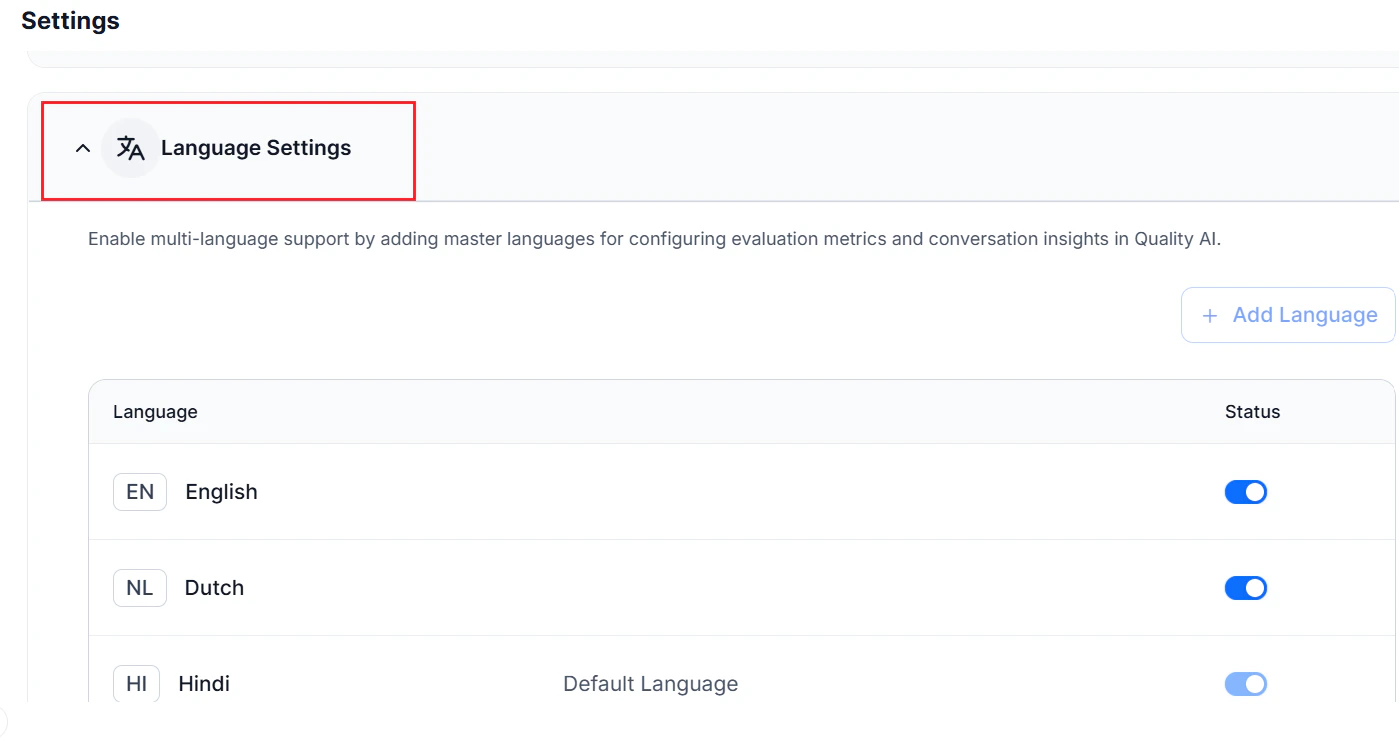 Language Settings Collapse Menu