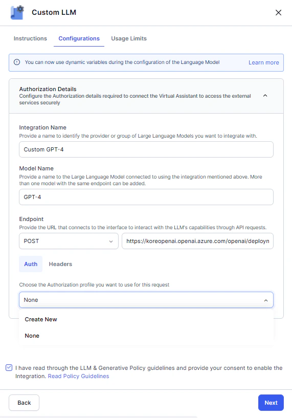 Custom LLM configuration