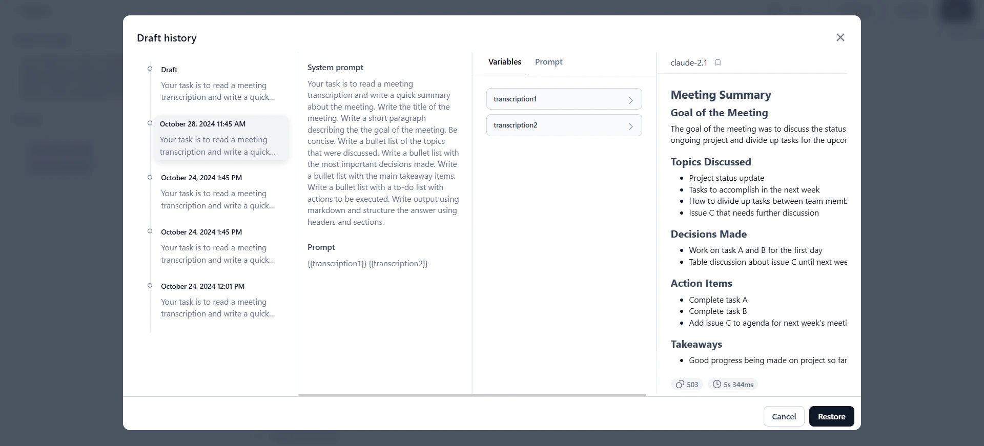 Draft history dialog