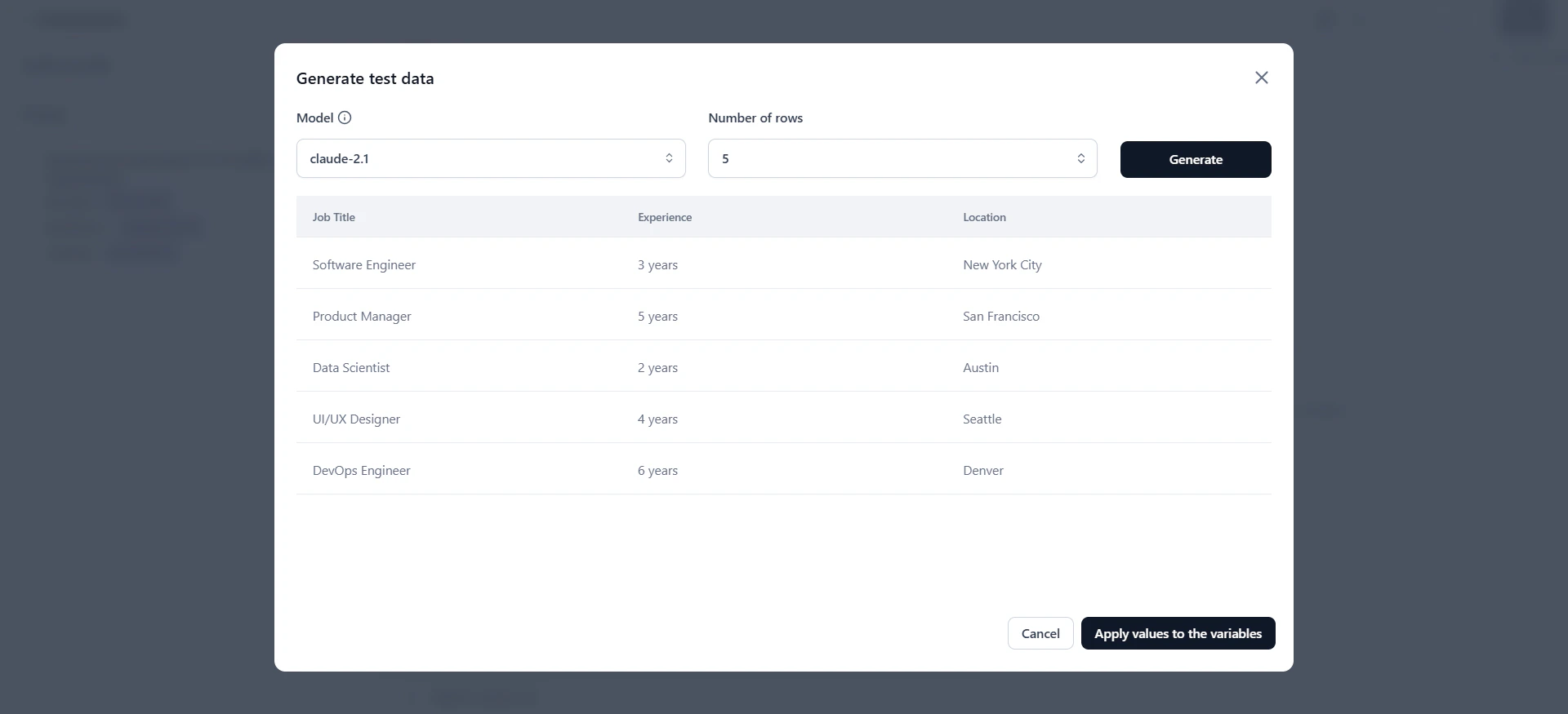 Generate test data dialog