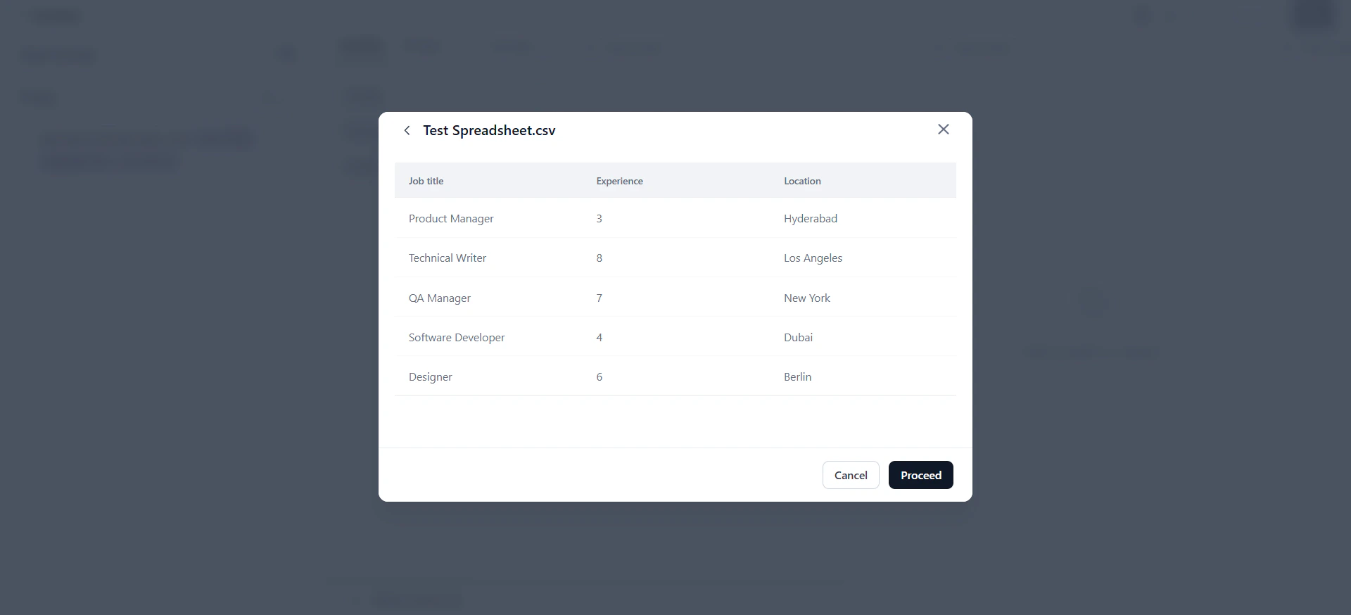 Import test data preview