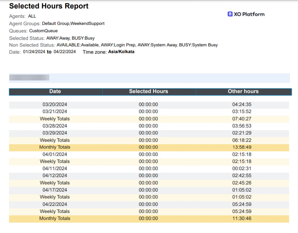 Selected Hours Report Output