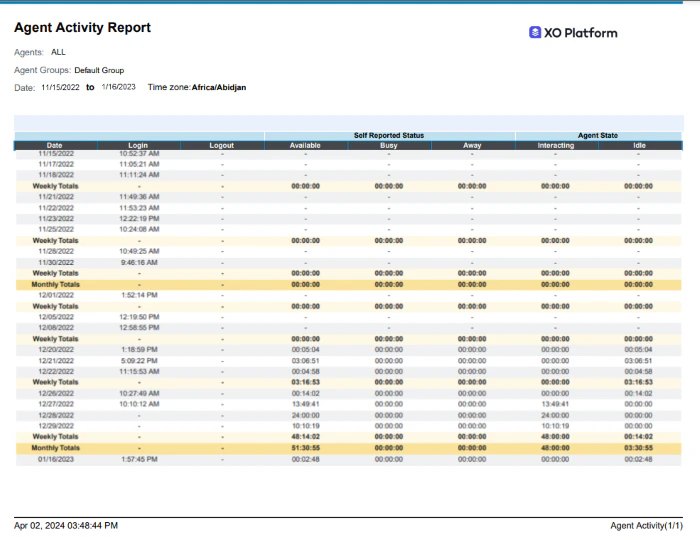 Agent Activity Summary Report Output