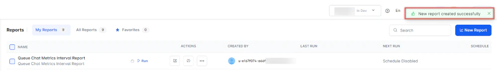 Queue Chat Metrics Interval Report Created