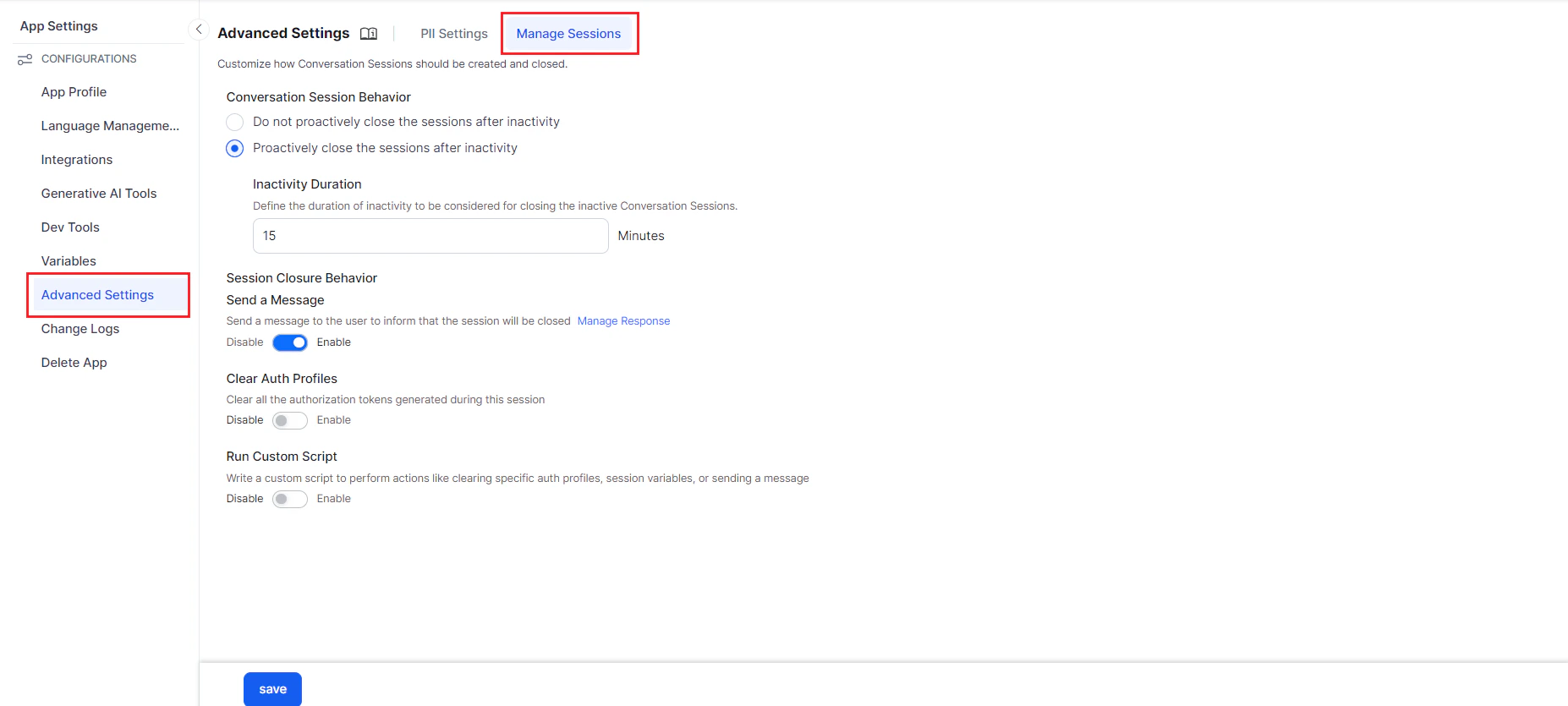 App Settings - Advanced Settings - Manage Sessions