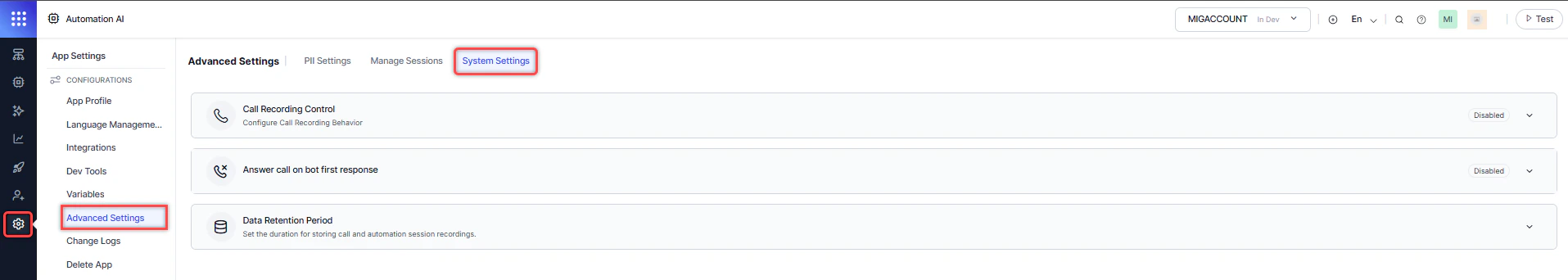 System Settings Page