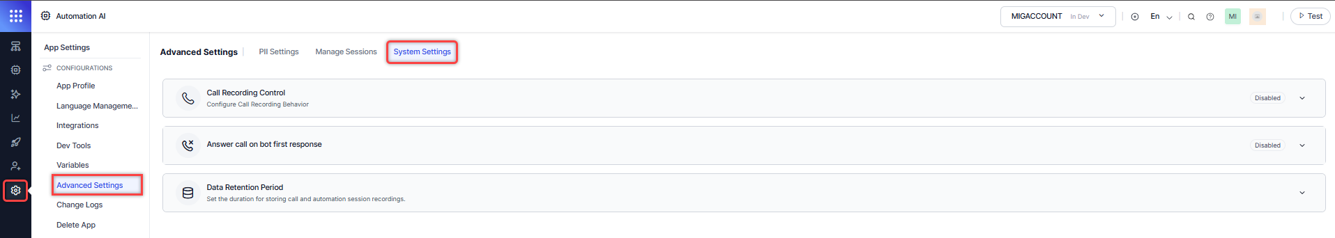 System Settings Page