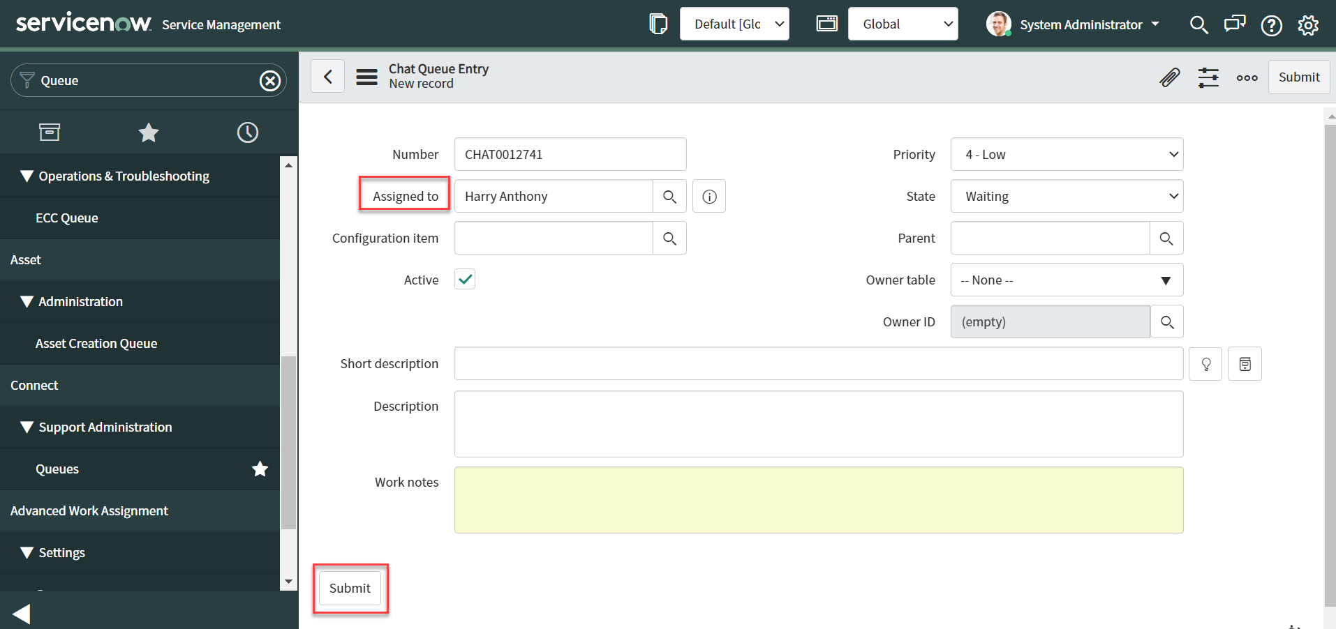 Assign chat queue entry